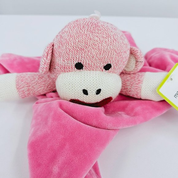 Magic Years Lovey Security Blanket Pink White Soft Sock Monkey Rattles Satin New - Picture 4 of 11